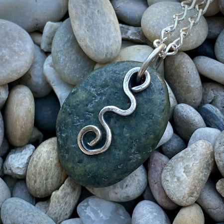 Recycled Sterling Silver and River Rock Pendant - Dark Grey