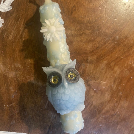 Athena’s Owl Intention Ritual Spell Candle Light Blue & White Beeswax