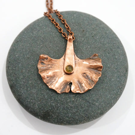 Gingko Leaf - copper necklace with precious stone Peridot