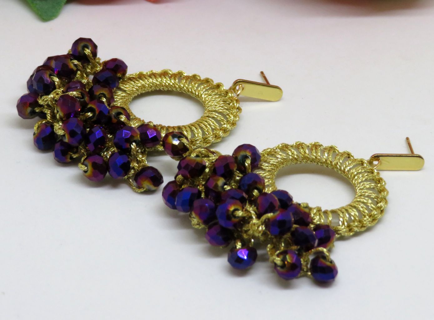 Purple Gold Crochet Boho Thread Chandelier Beaded Earrings