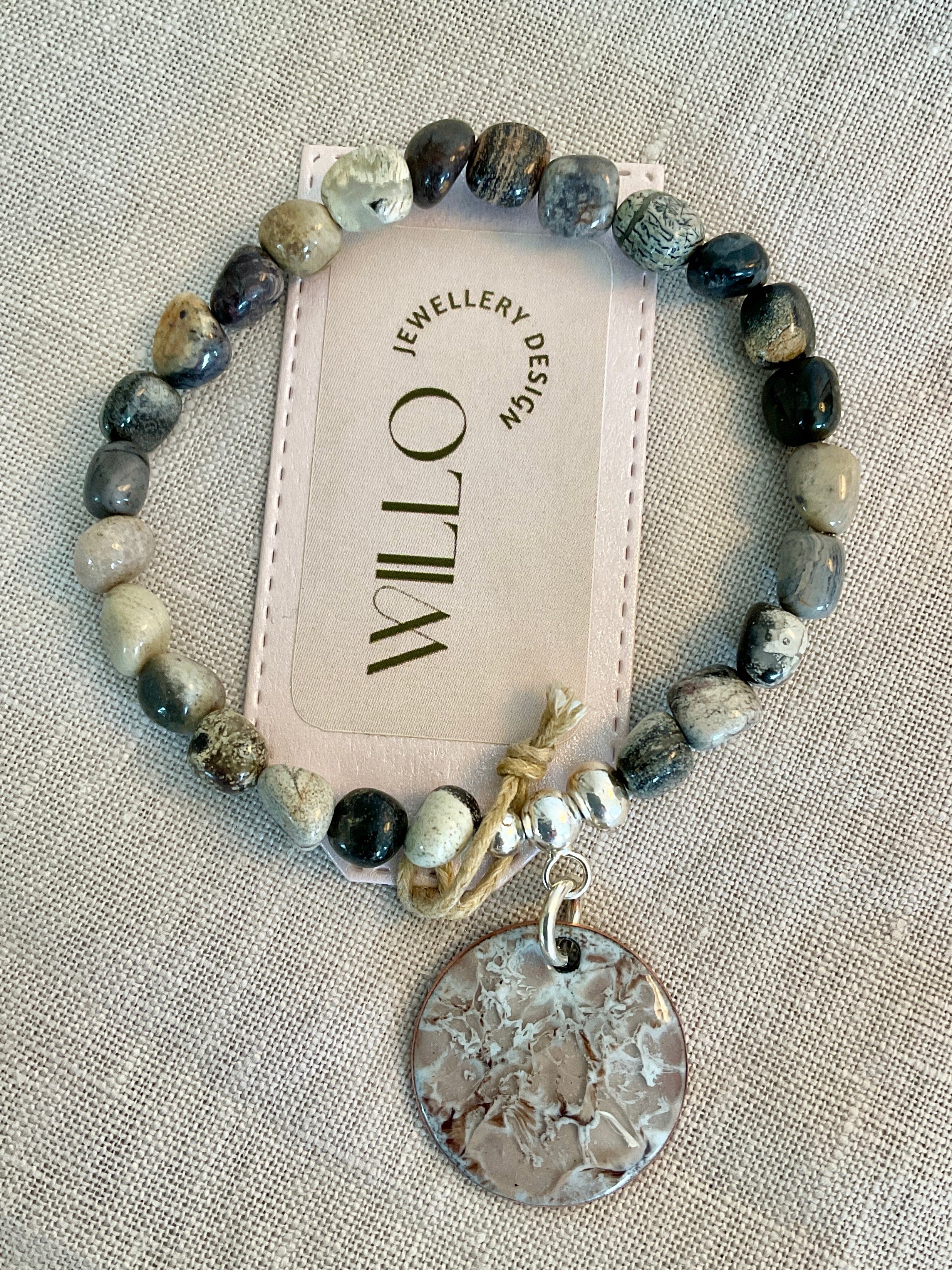 Silver leaf Jasper gemstone bracelet with enamel charm