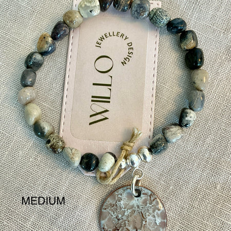 Silver leaf Jasper gemstone bracelet with enamel charm