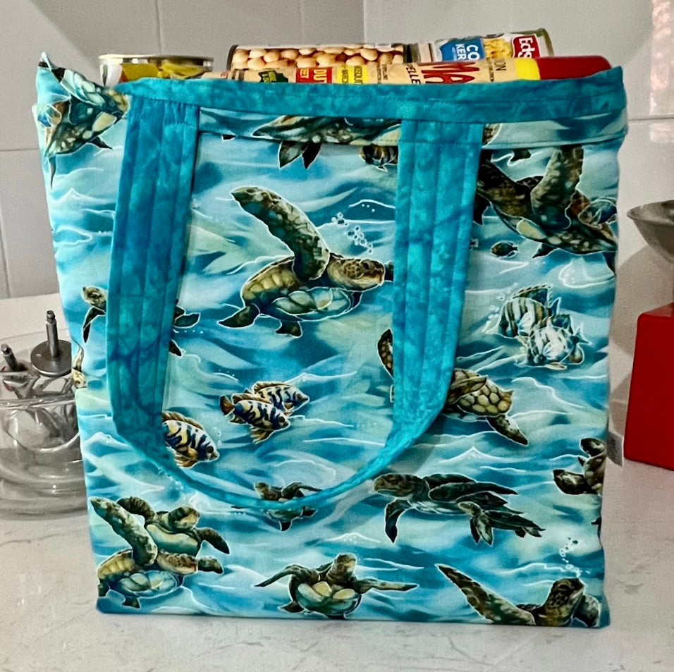 Grocery Tote .. Turtles .. Lined with storage Pouch