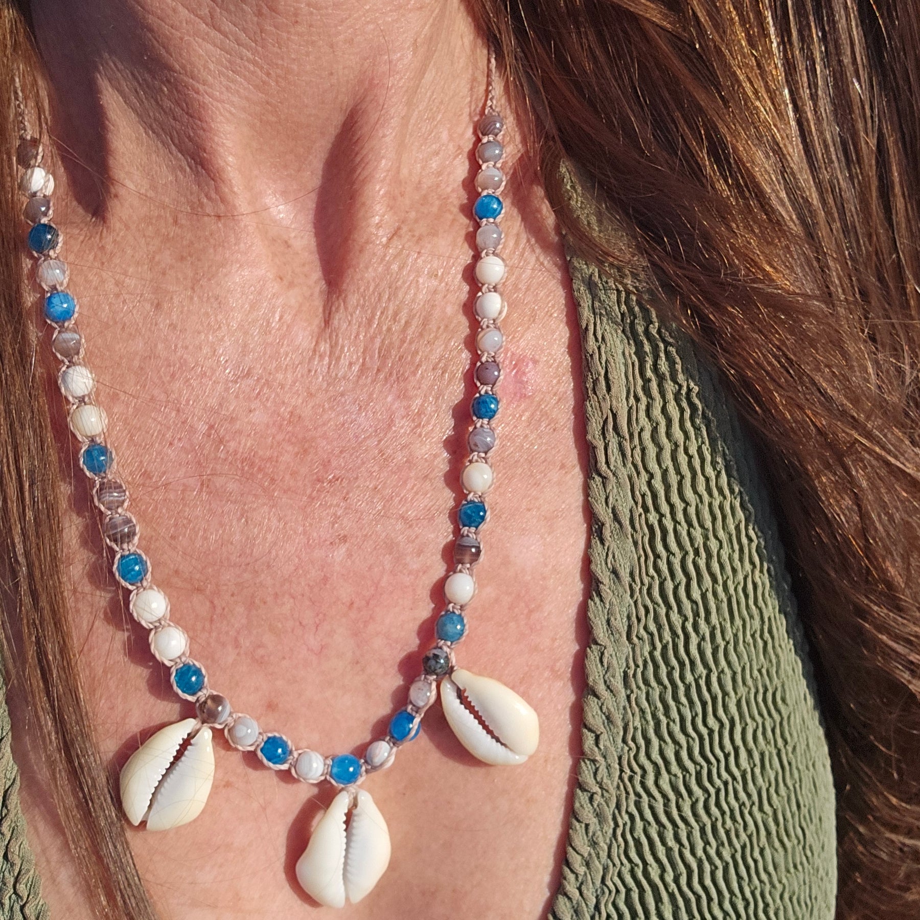 Cowrie Shell Macrame Necklace with Blue Apatite