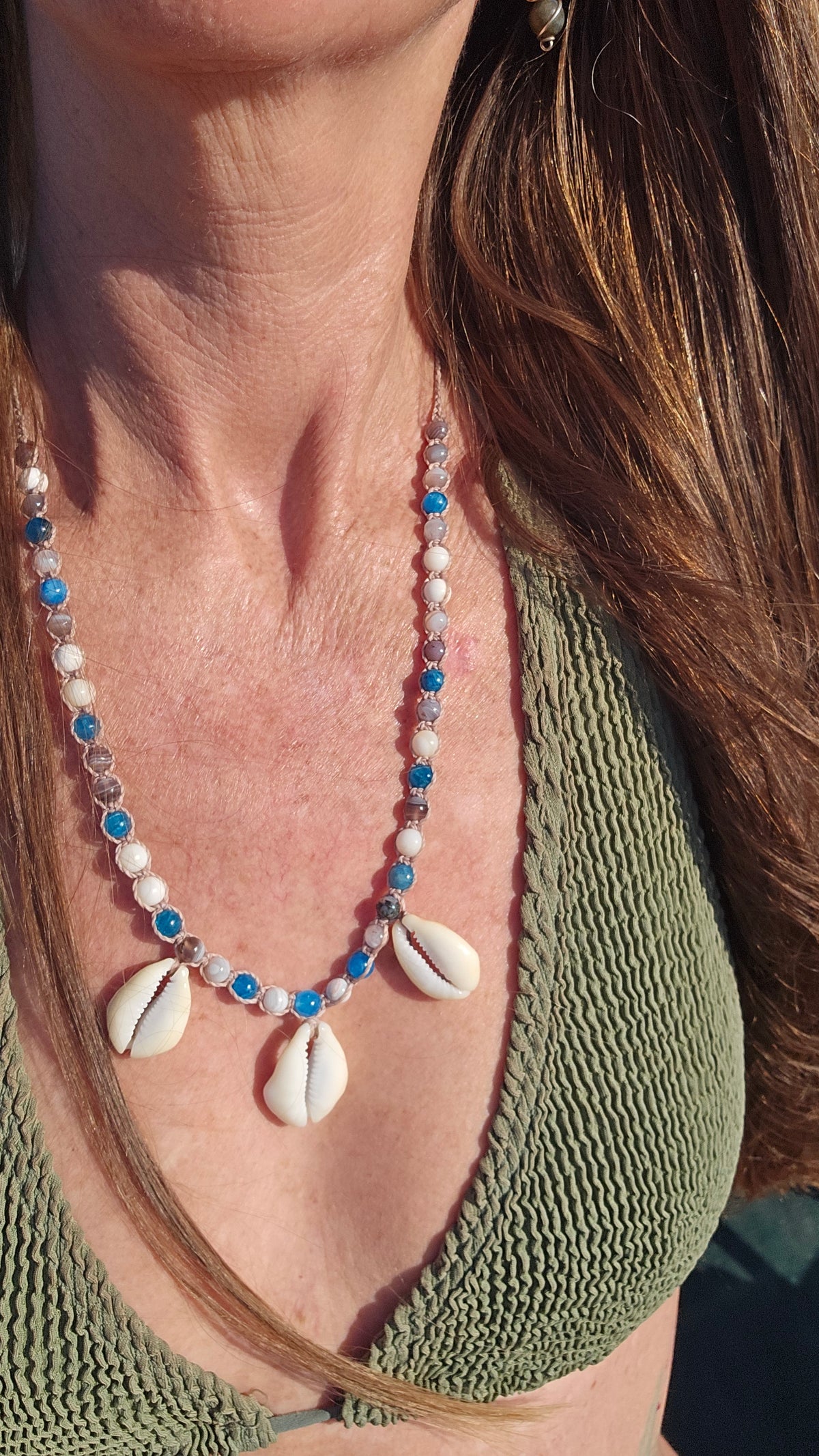 Cowrie Shell Macrame Necklace with Blue Apatite