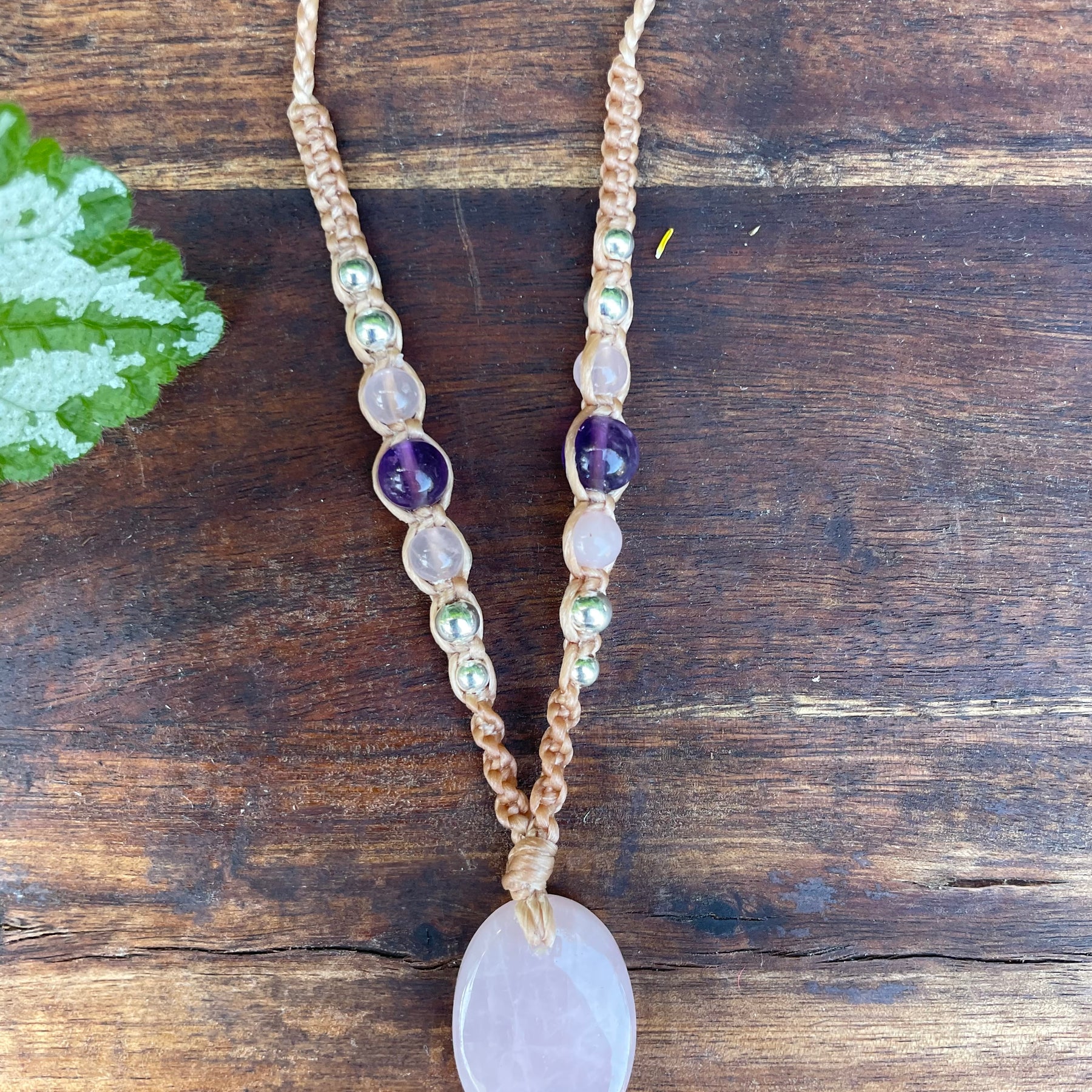 Rose Quartz Pendant, Oval, beaded necklace macrame adjustable