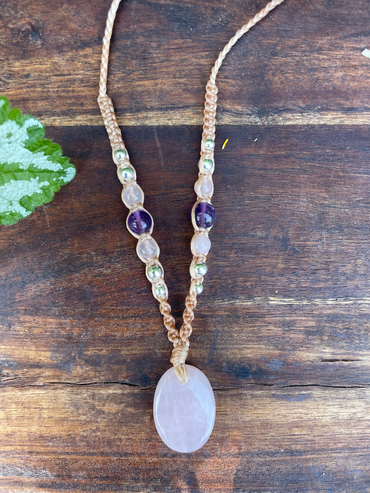 Rose Quartz Pendant, Oval, beaded necklace macrame adjustable