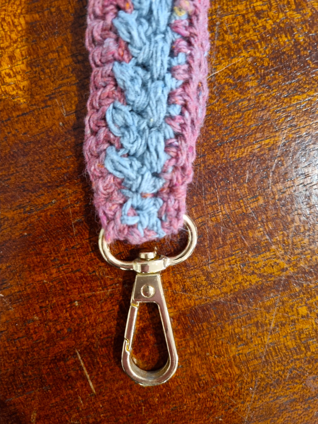 Crochet Lanyard - Pink & Blue upcycled denim yarn