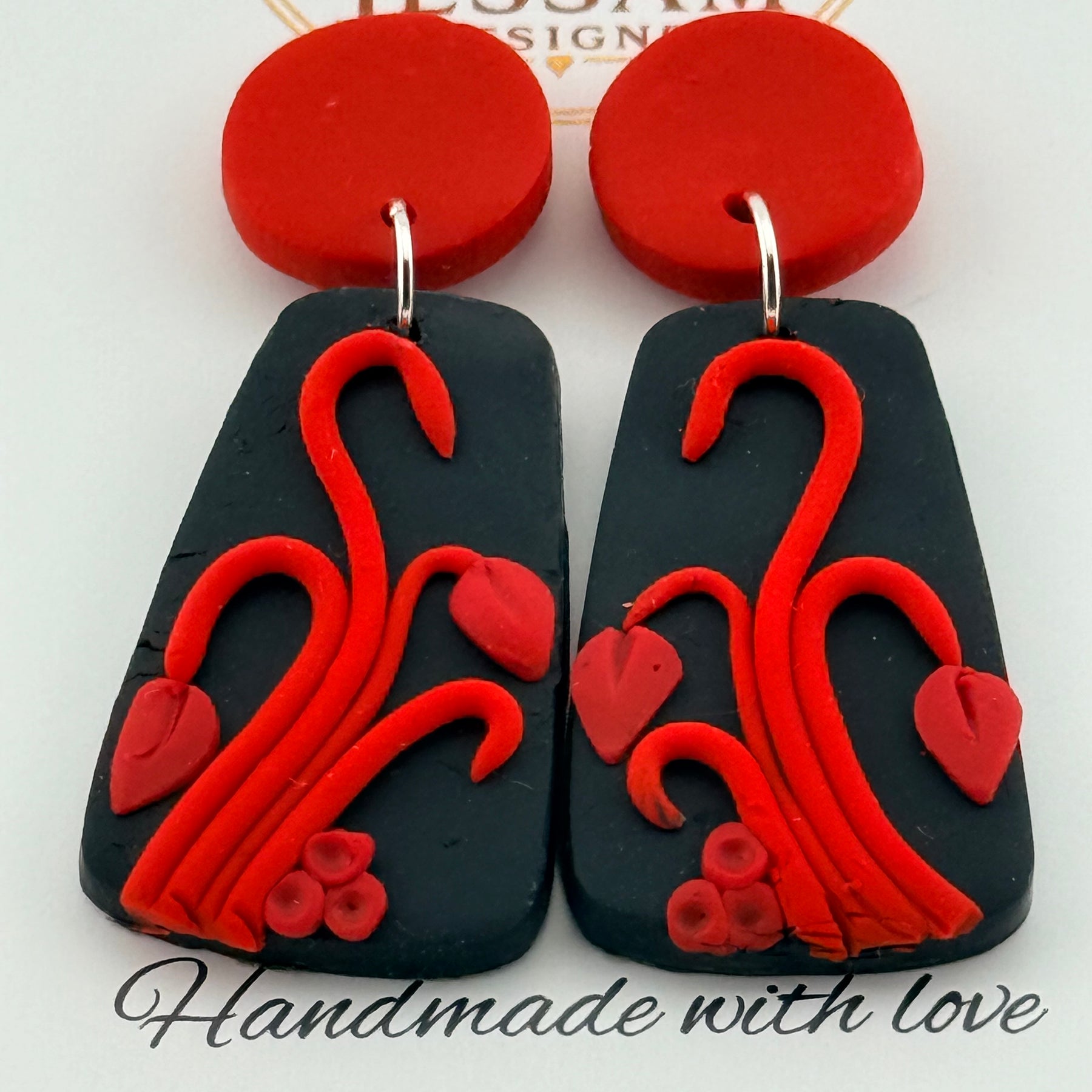 Red & Black Floral Polymer Clay Dangle Earrings – Handmade Statement Earrings