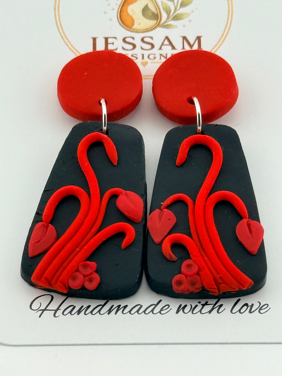 Red & Black Floral Polymer Clay Dangle Earrings – Handmade Statement Earrings