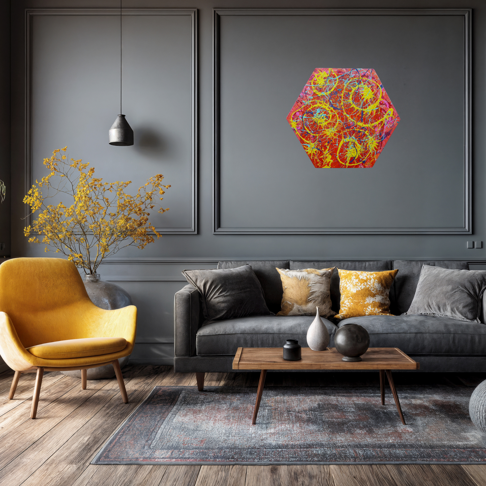 Solar Flare. Original Abstract, Hexagon Acrylic Canvas Painting.