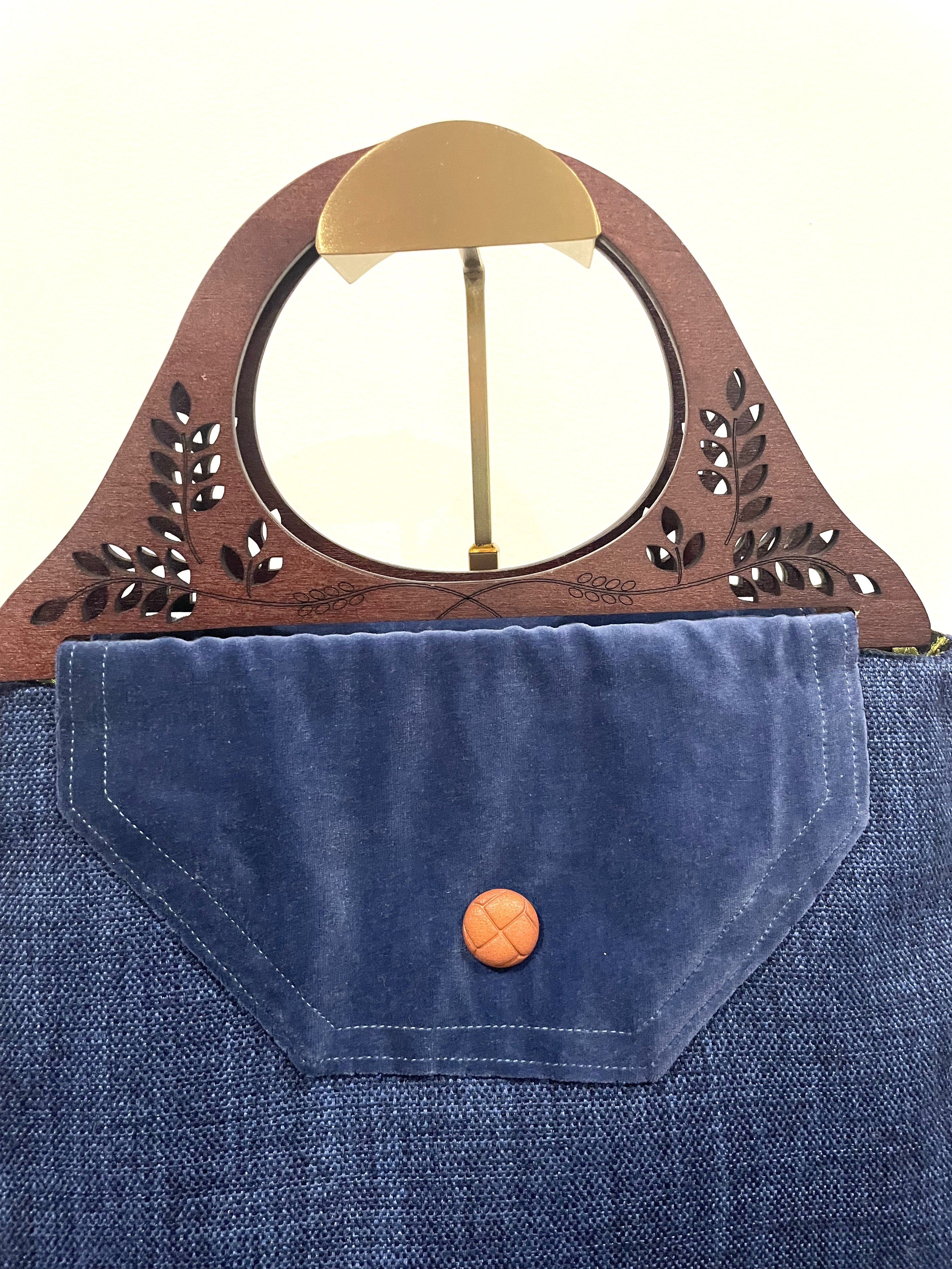 Handmade Blue Wooden Handled Handbag