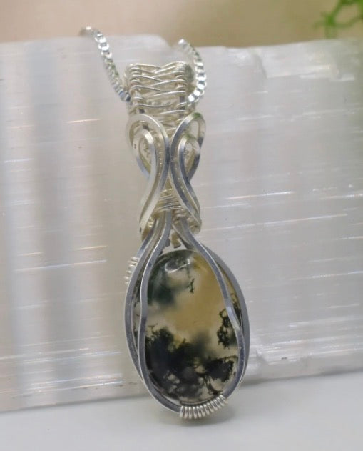 Wire-wrapped Moss Agate Silver Pendant