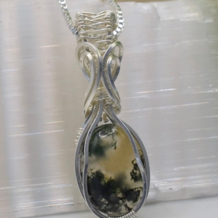 Wire-wrapped Moss Agate Silver Pendant