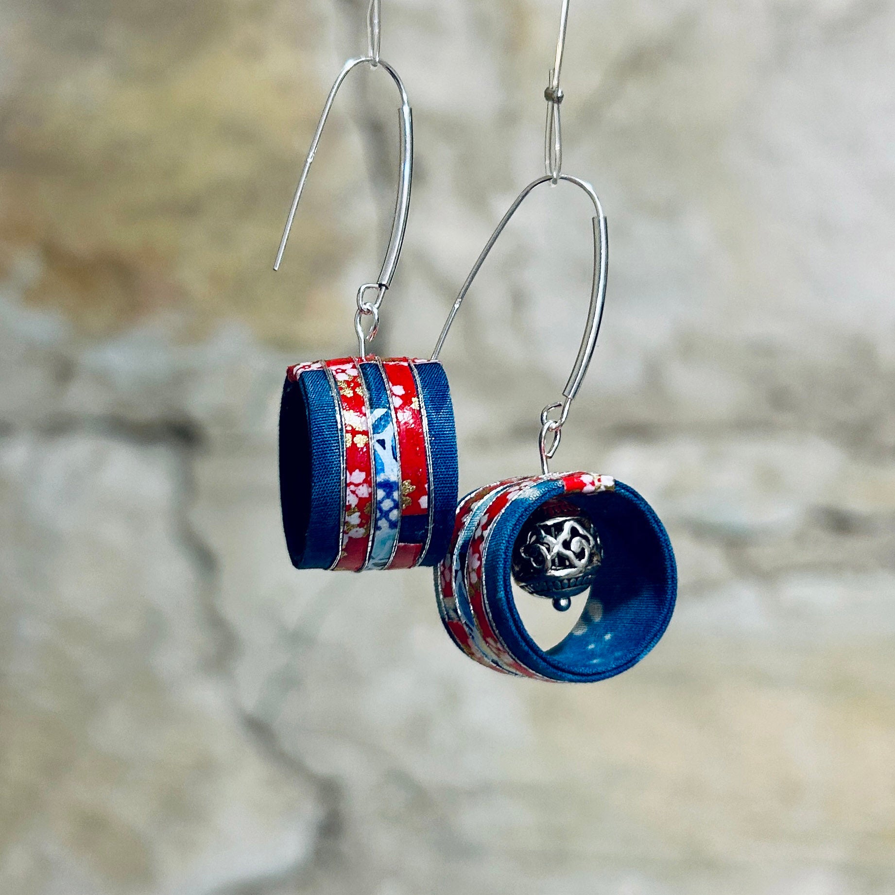 Japanese Shibori Fabric & Japanese Paper Earrings: 1.7cm x 5cm
