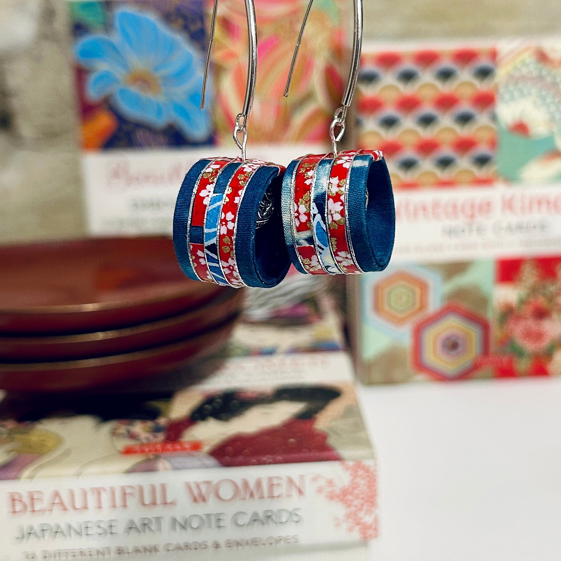 Japanese Shibori Fabric & Japanese Paper Earrings: 1.7cm x 5cm