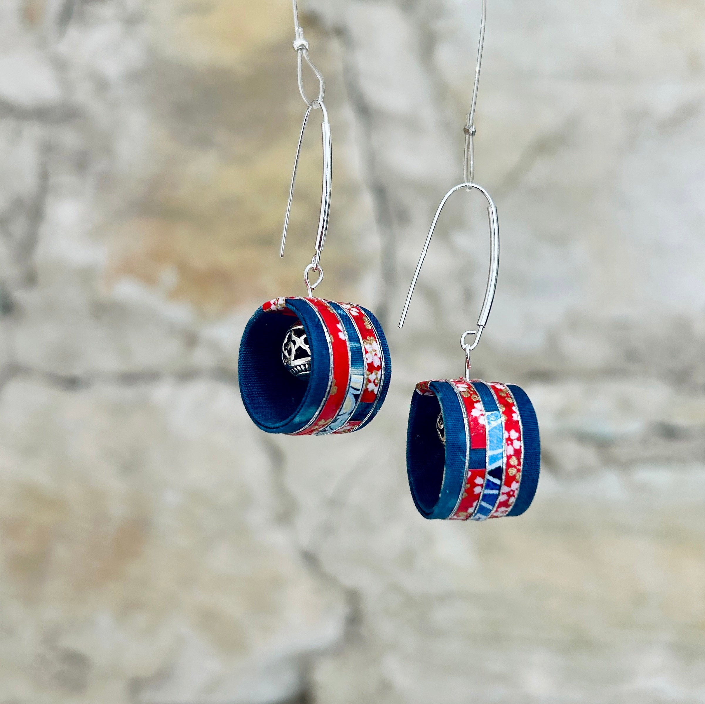 Japanese Shibori Fabric & Japanese Paper Earrings: 1.7cm x 5cm