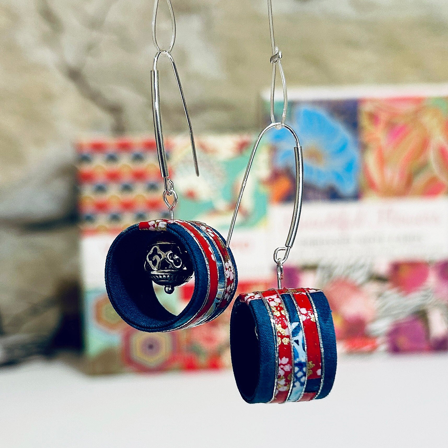Japanese Shibori Fabric & Japanese Paper Earrings: 1.7cm x 5cm