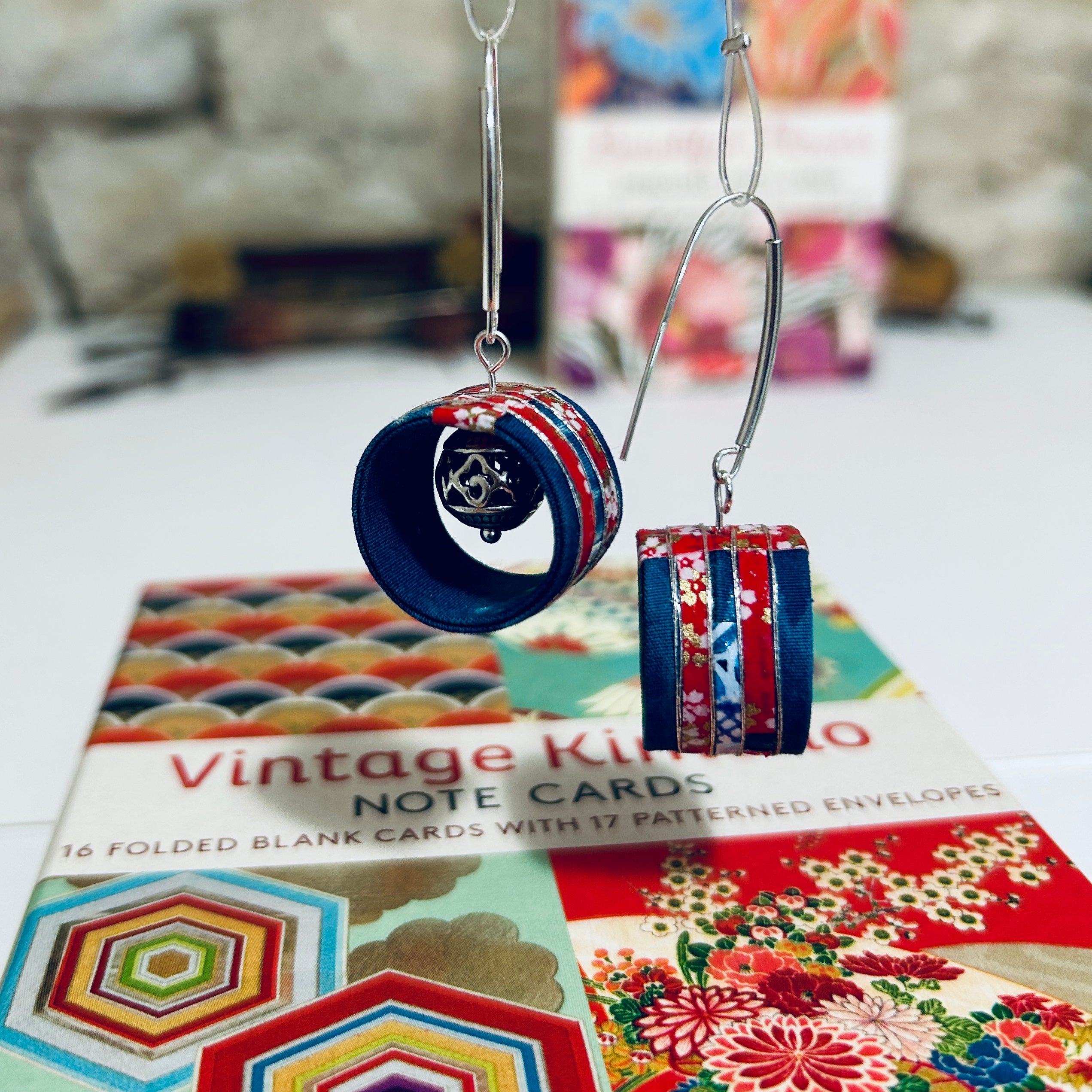 Japanese Shibori Fabric & Japanese Paper Earrings: 1.7cm x 5cm