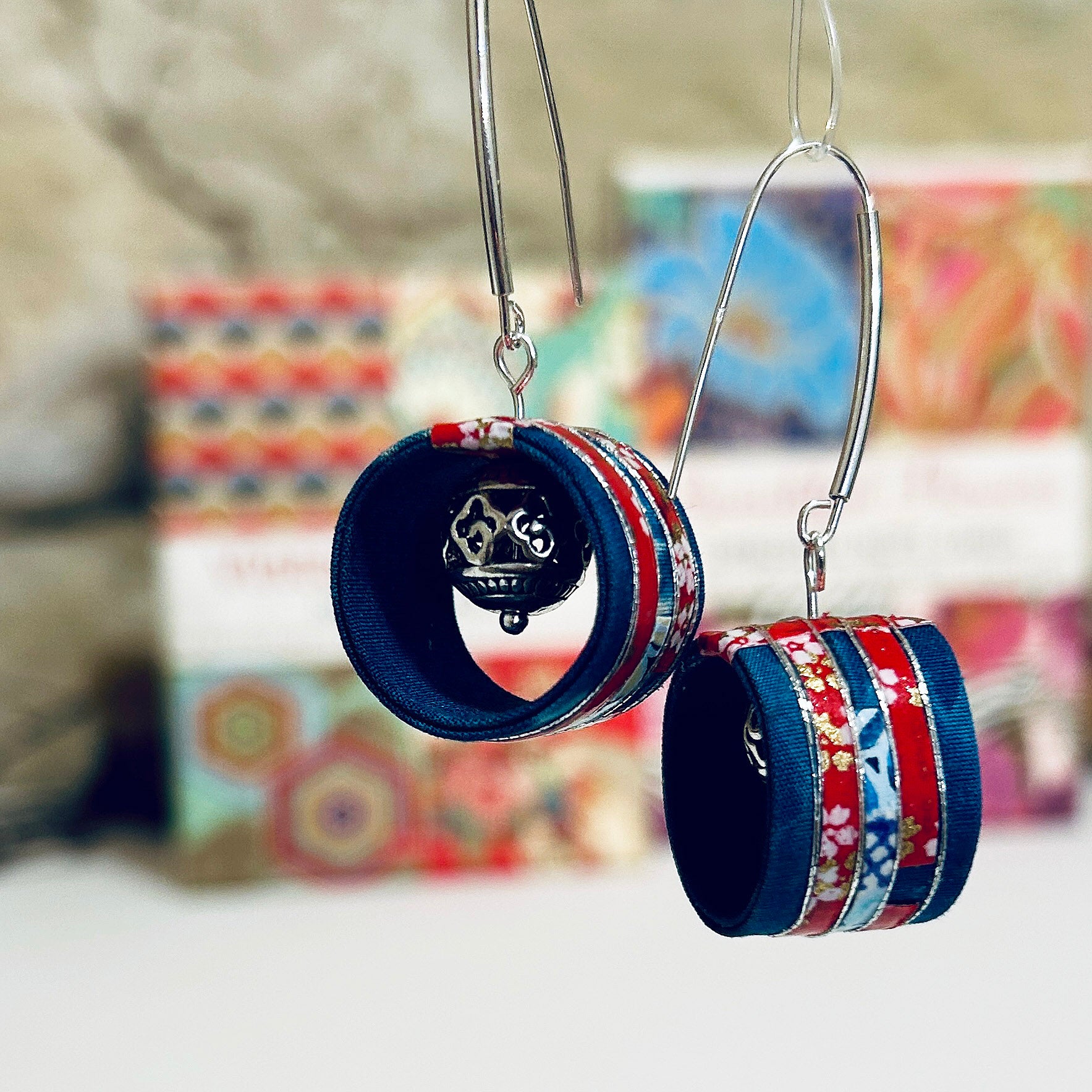 Japanese Shibori Fabric & Japanese Paper Earrings: 1.7cm x 5cm