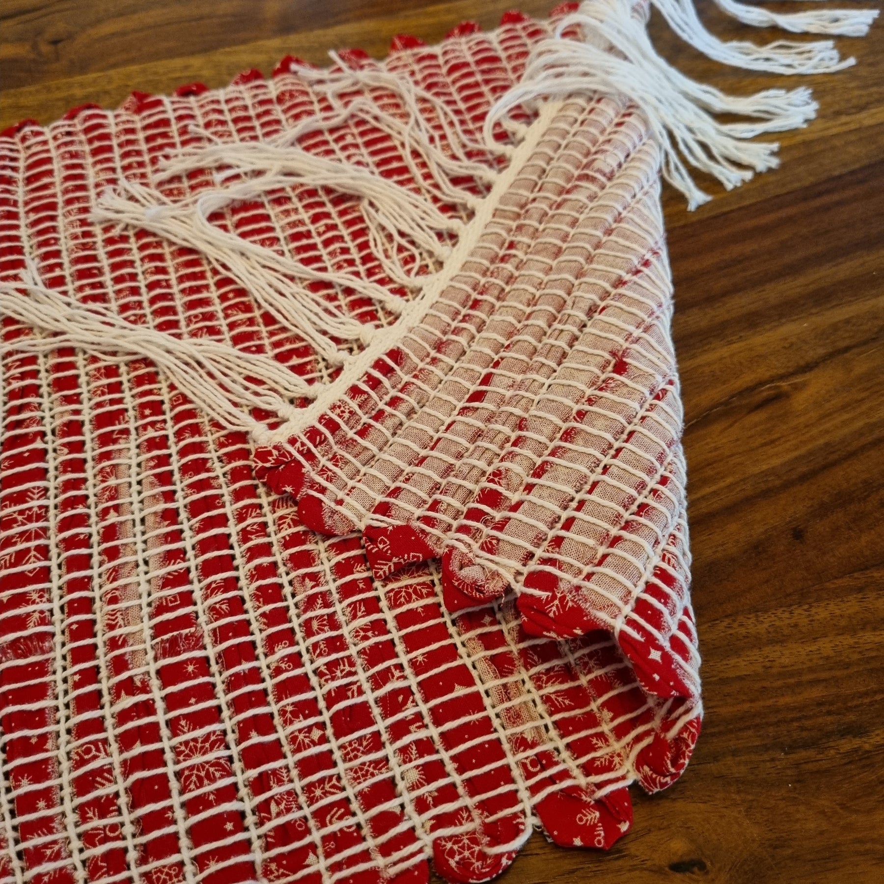 Handwoven Christmas fabric table runner red and white