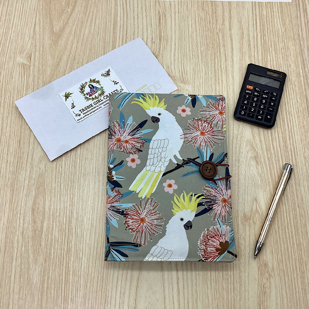 Cockatoos refillable A5 fabric notebook cover gift set - Incl. book and pen.