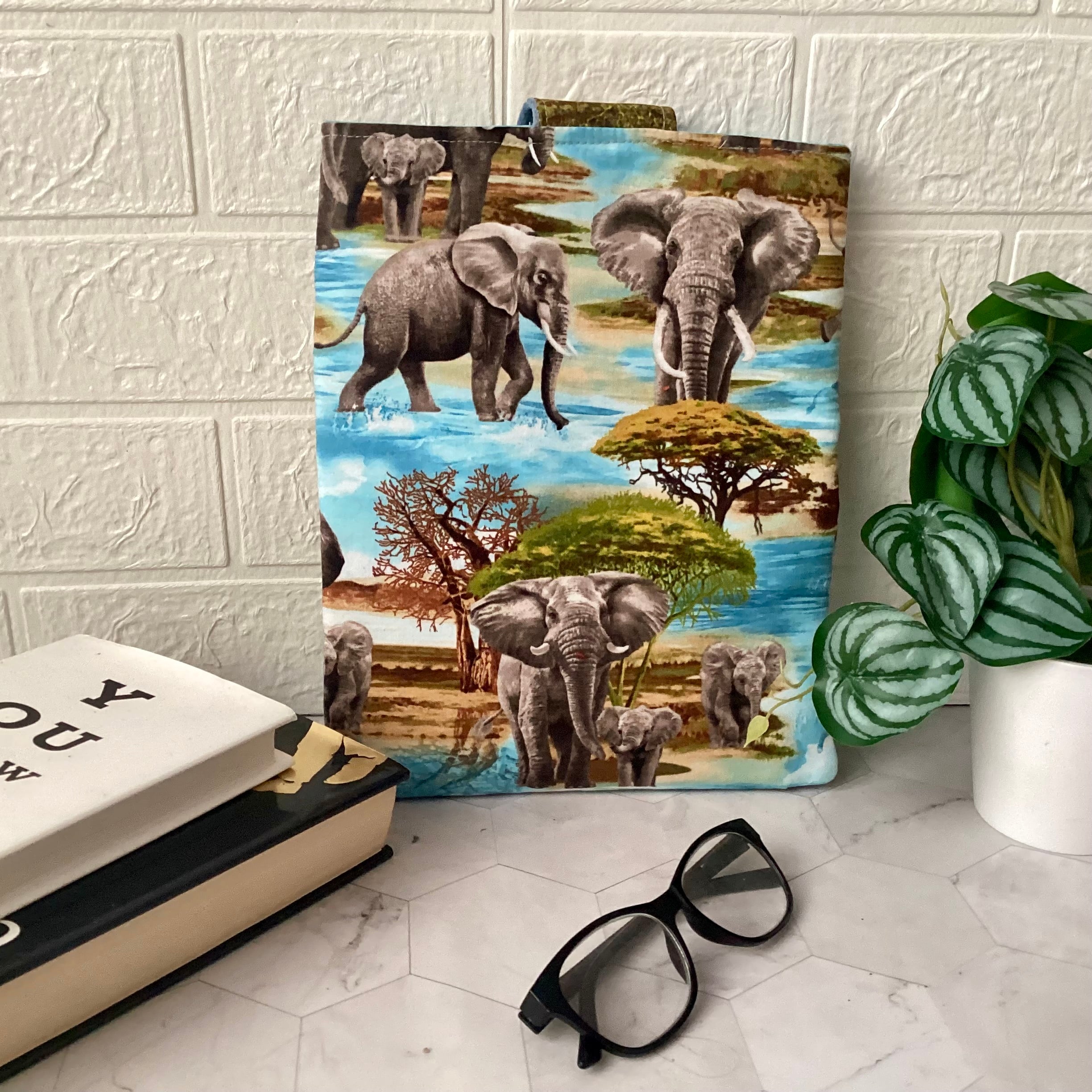 Elephants fabric book sleeve with 2 pockets. iPad, tablet pouch
