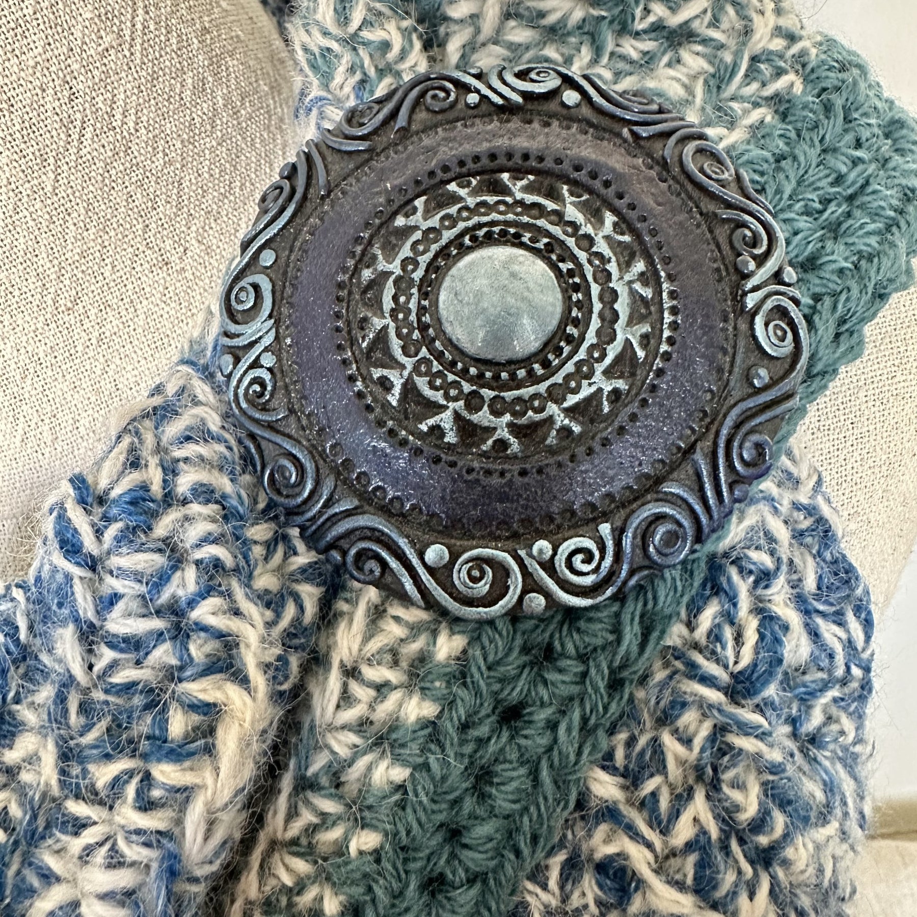Cosy 'Azure' Crocheted Handspun Scarf & Brooch