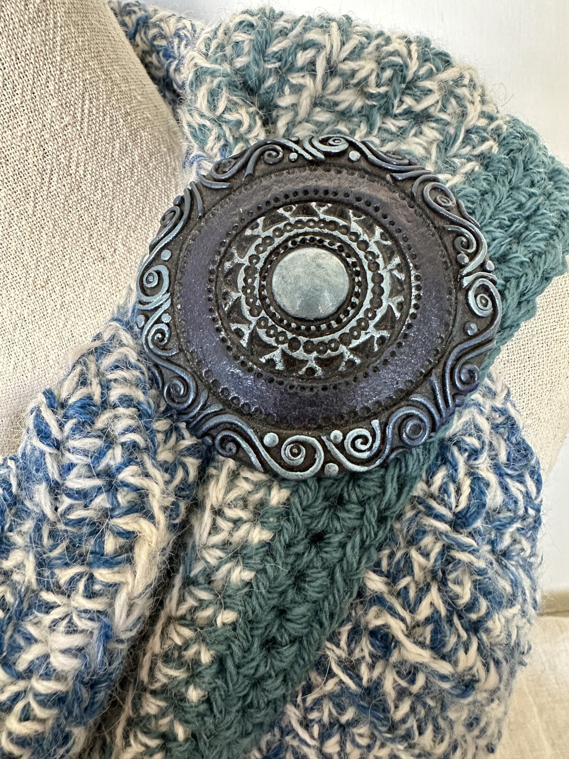 Cosy 'Azure' Crocheted Handspun Scarf & Brooch