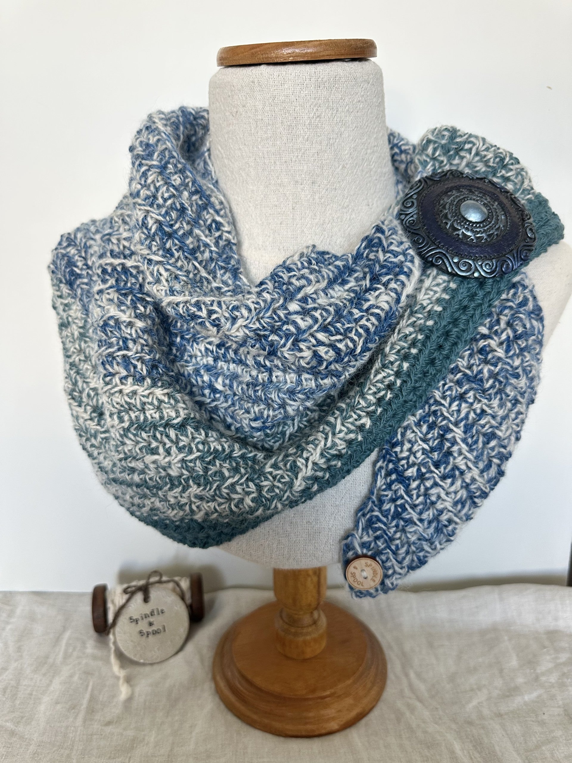 Cosy 'Azure' Crocheted Handspun Scarf & Brooch