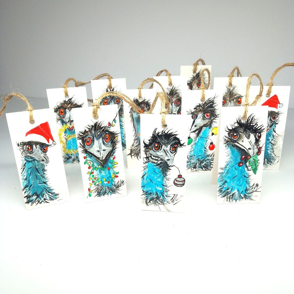 Quirky Handpainted Christmas Australian Bird Tags - Set of 12 Emu Tags