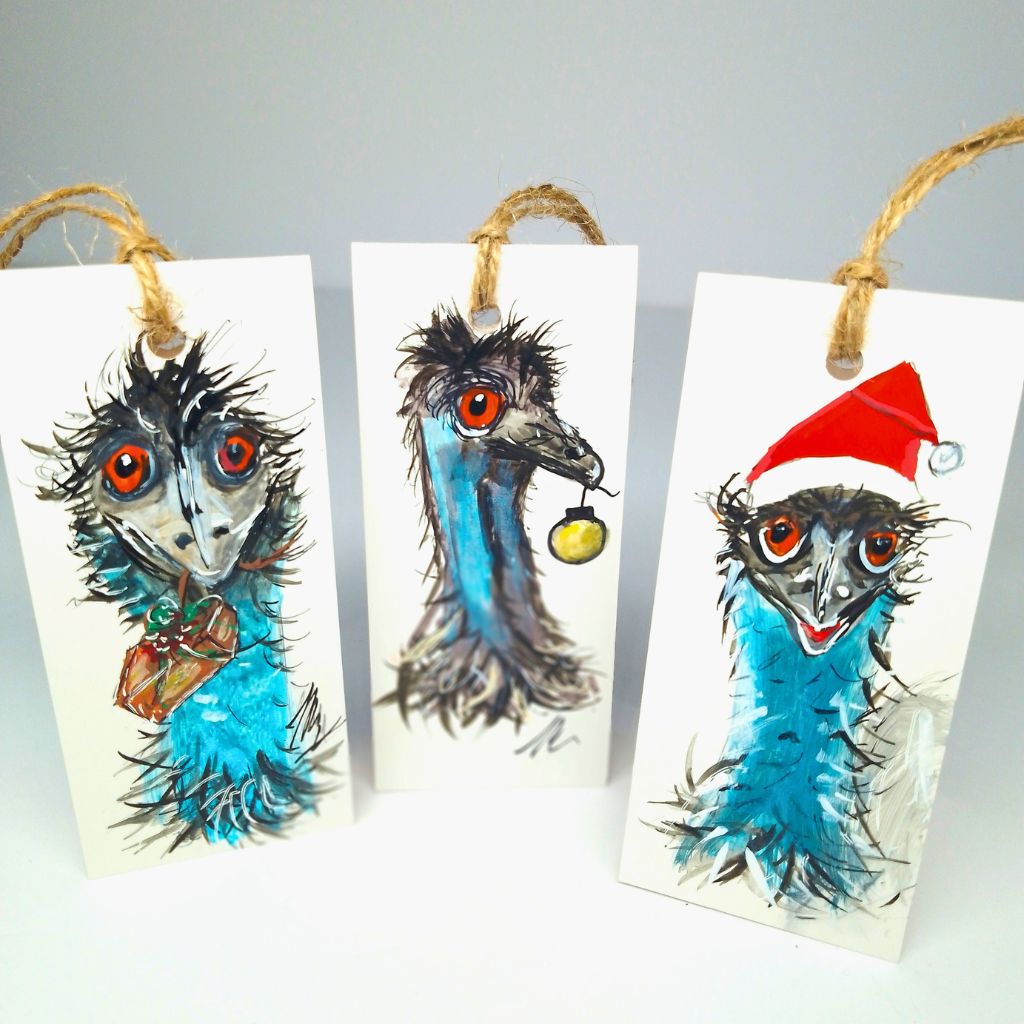 Quirky Handpainted Christmas Australian Bird Tags - Set of 12 Emu Tags