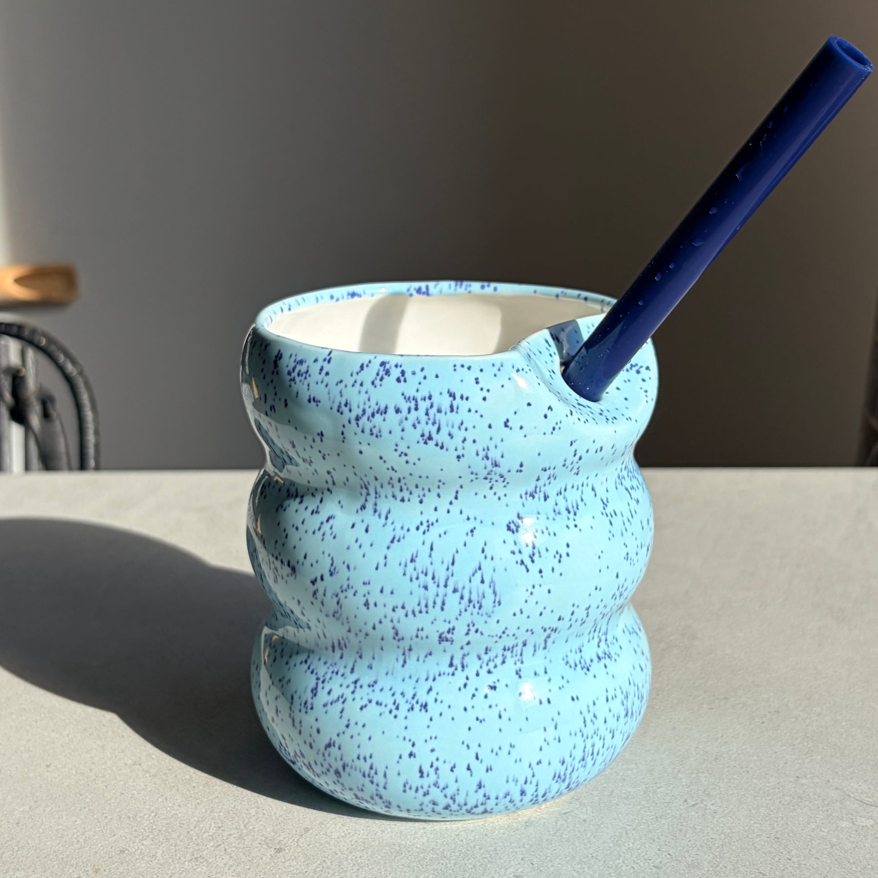Handcrafted Porcelain Tumbler with Silicon Straw, 600mL Bubble Cup in Blue Mist Glaze