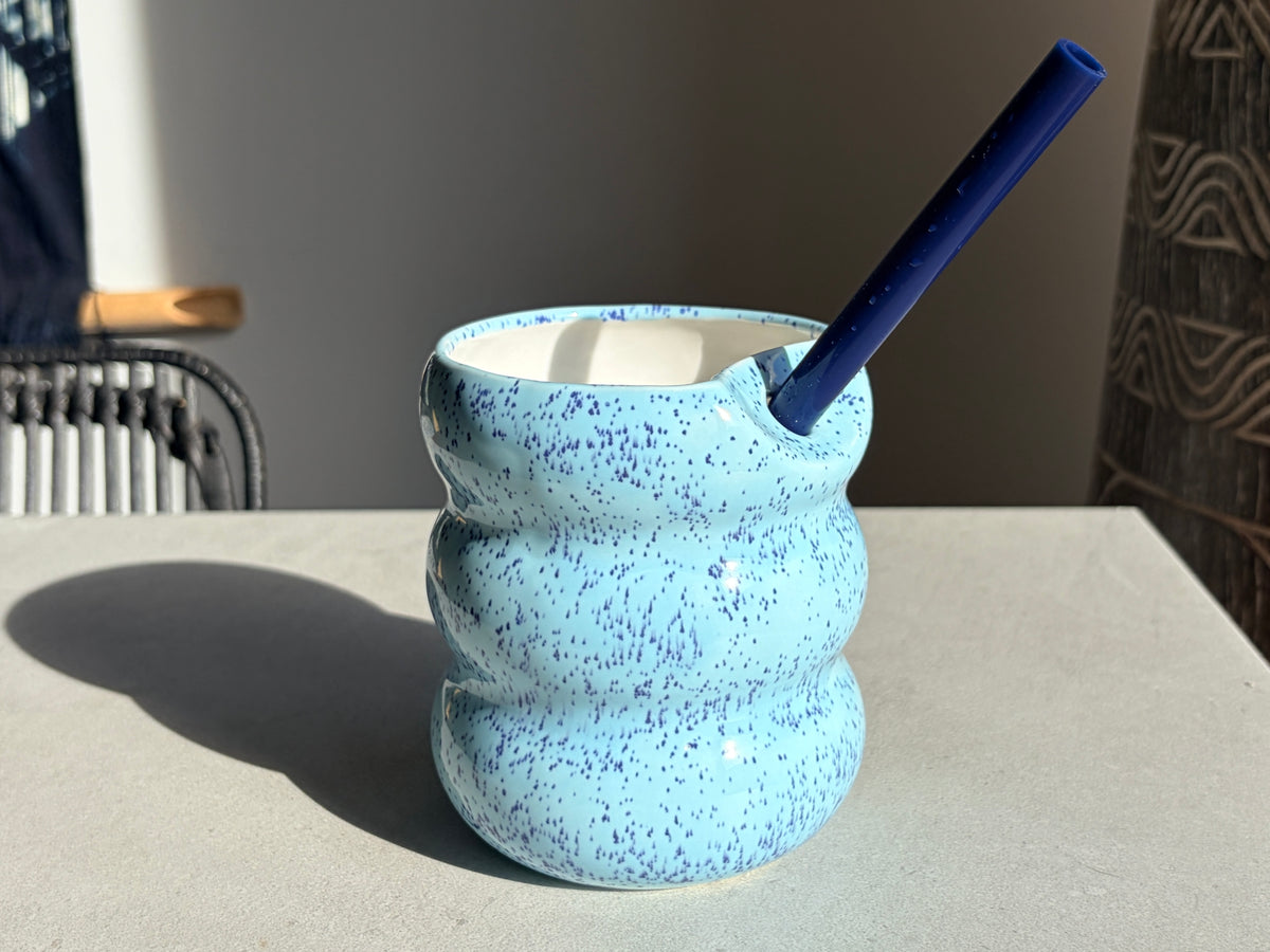 Handcrafted Porcelain Tumbler with Silicon Straw, 600mL Bubble Cup in Blue Mist Glaze