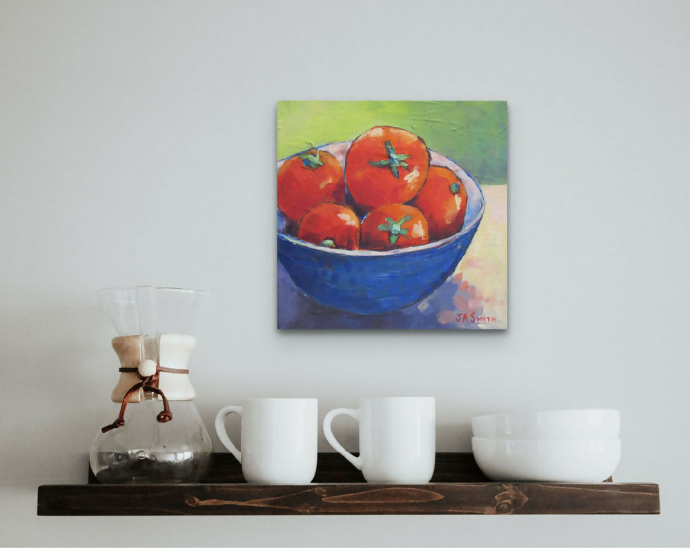 Still life painting of vegetables - Tomatoes in Blue Bowl - Julie Ann Smith - Australia