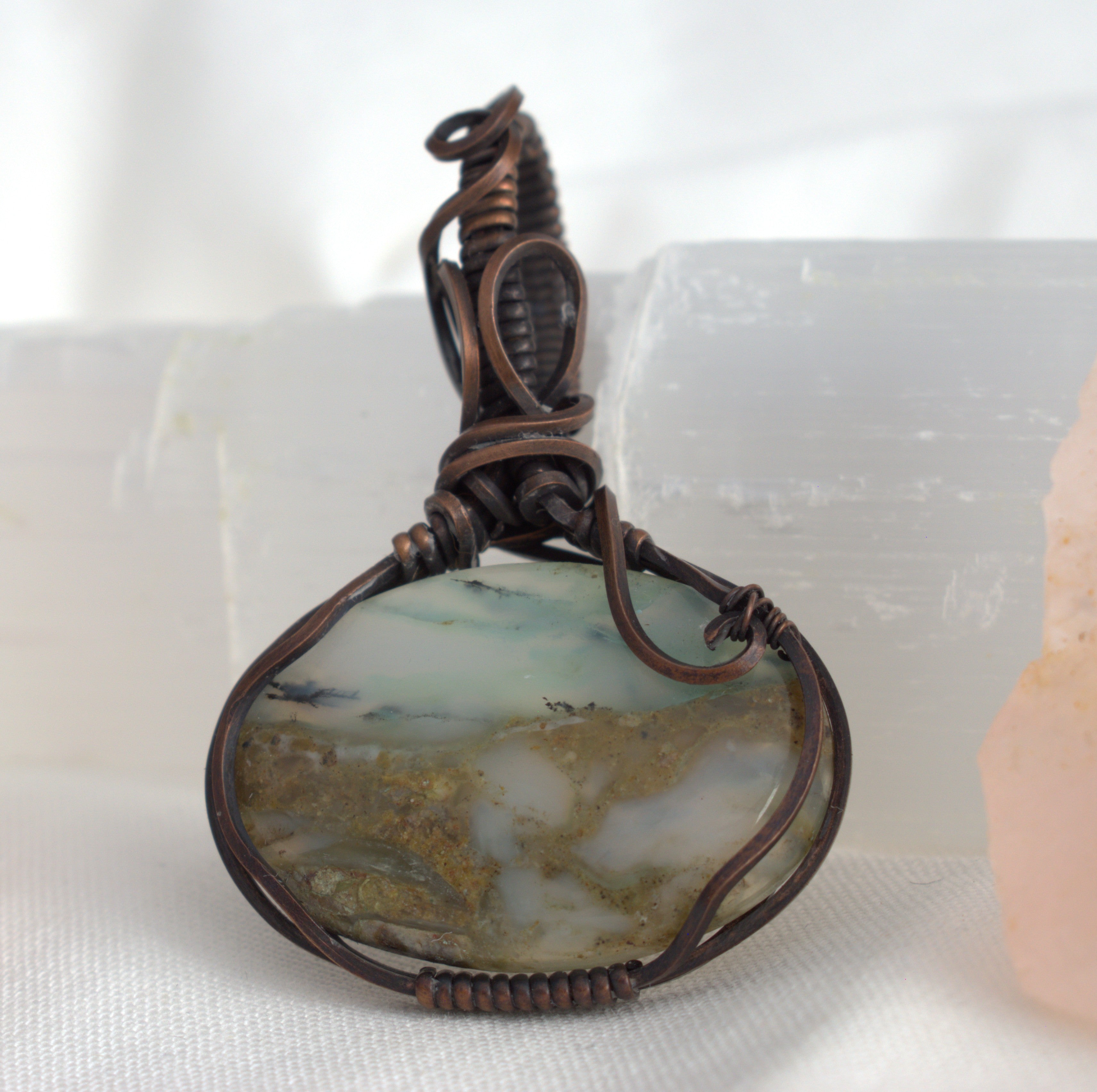 Hand-wrapped Peruvian Opal Copper Pendant