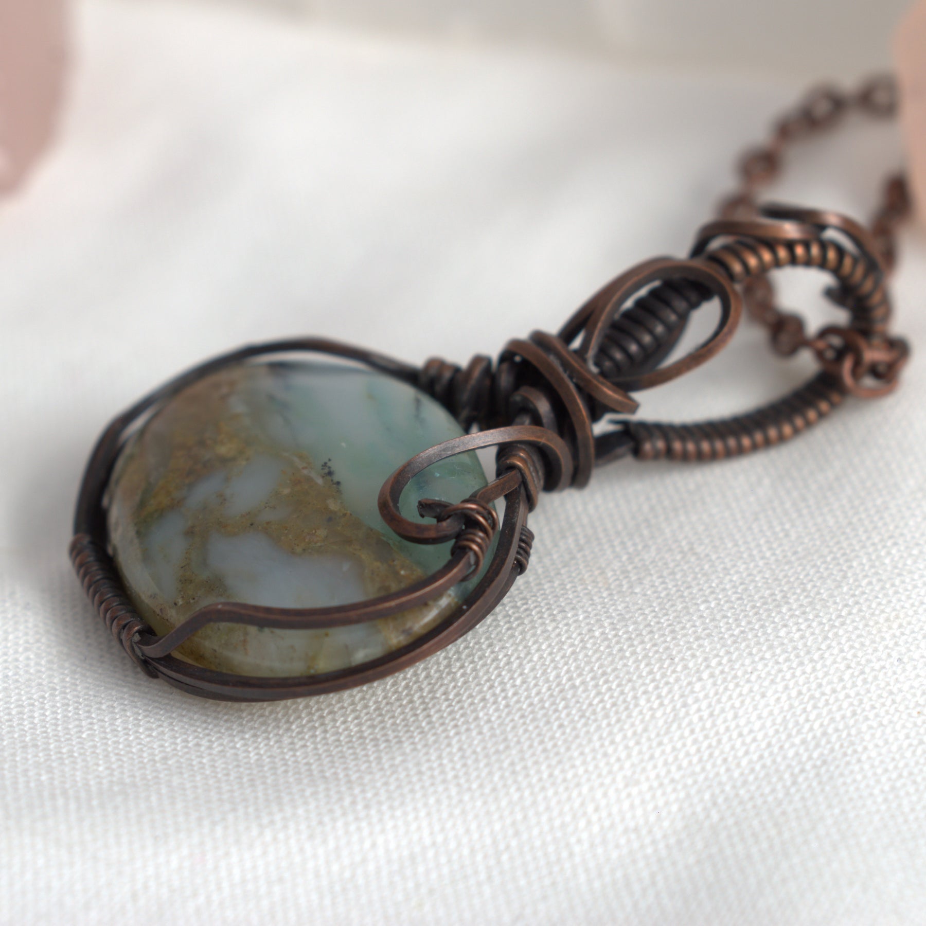 Hand-wrapped Peruvian Opal Copper Pendant