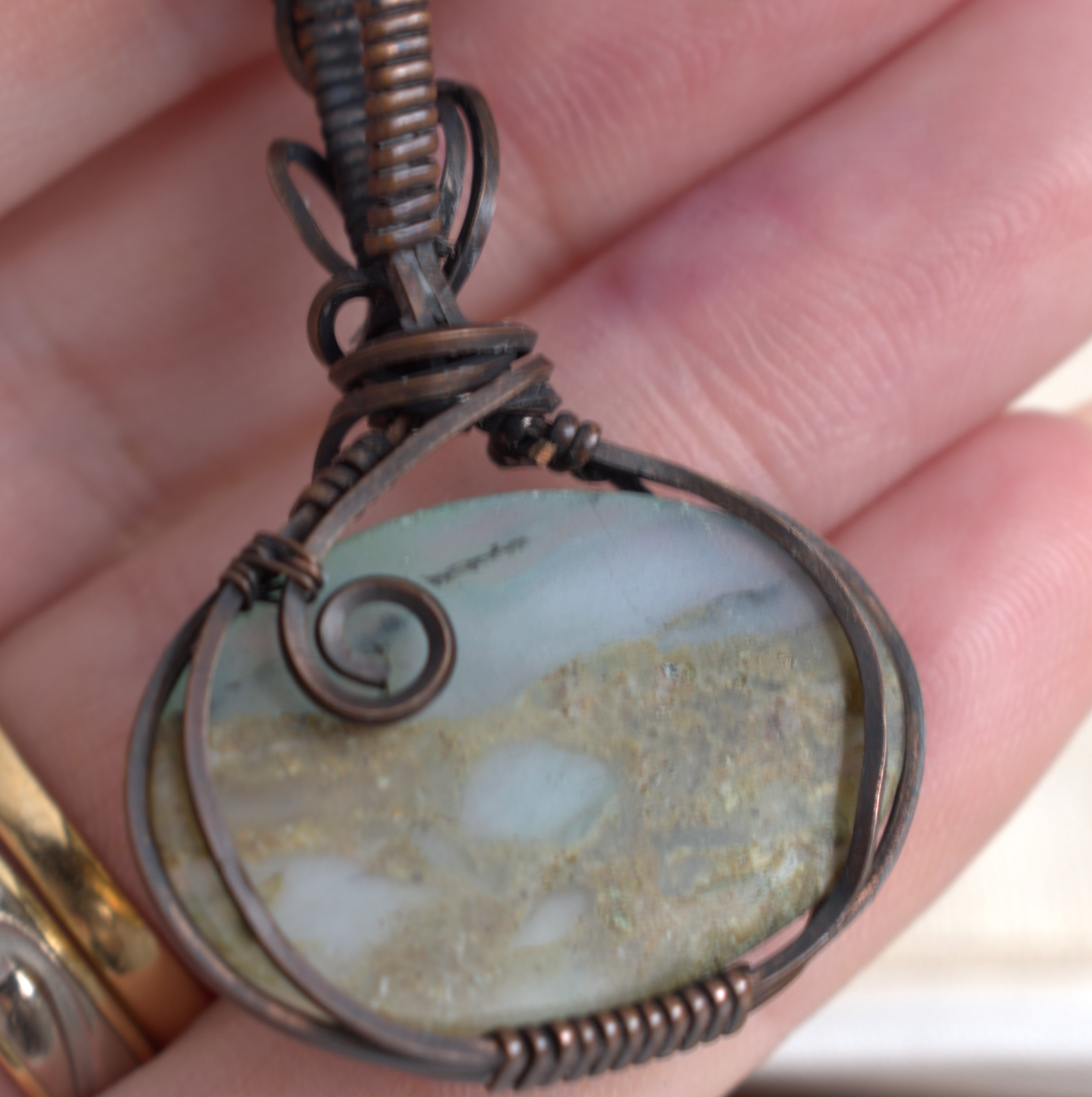 Hand-wrapped Peruvian Opal Copper Pendant
