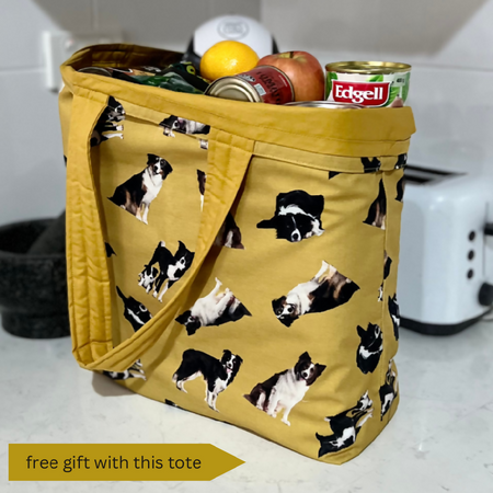 Grocery Tote .. Lined with storage pouch .. Border Collie