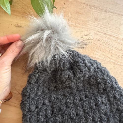 Charcoal Adult Slouchy Beanie | Handmade Crochet Beanie with Faux Fur Pom Pom