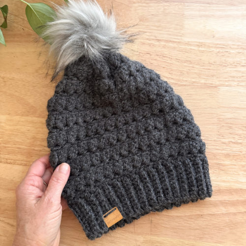 Charcoal Adult Slouchy Beanie | Handmade Crochet Beanie with Faux Fur Pom Pom