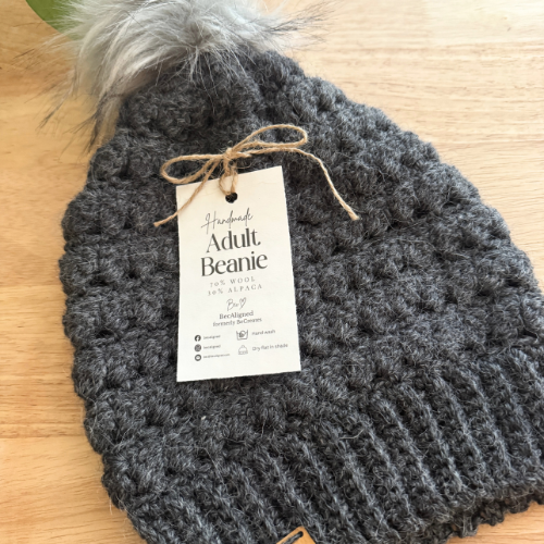 Charcoal Adult Slouchy Beanie | Handmade Crochet Beanie with Faux Fur Pom Pom