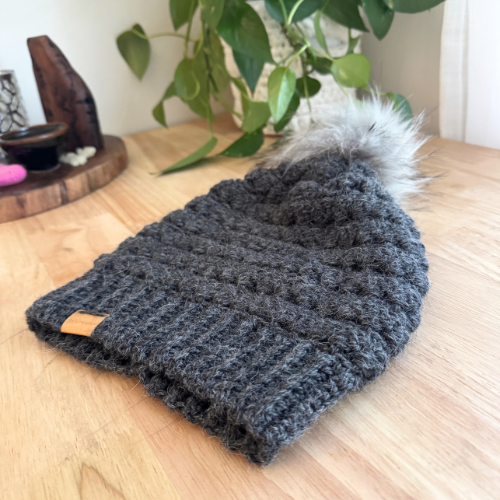 Charcoal Adult Slouchy Beanie | Handmade Crochet Beanie with Faux Fur Pom Pom