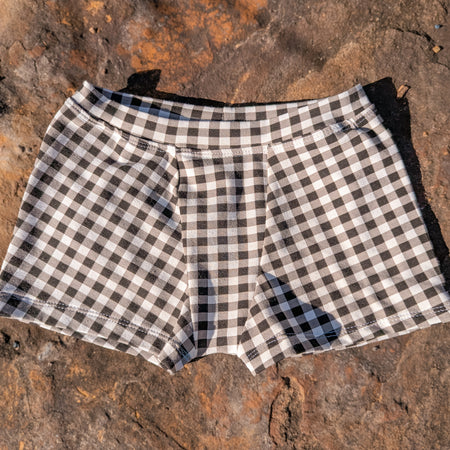 Black gingham checked organic trunk underpants for kids sizes 1 to 12 boys