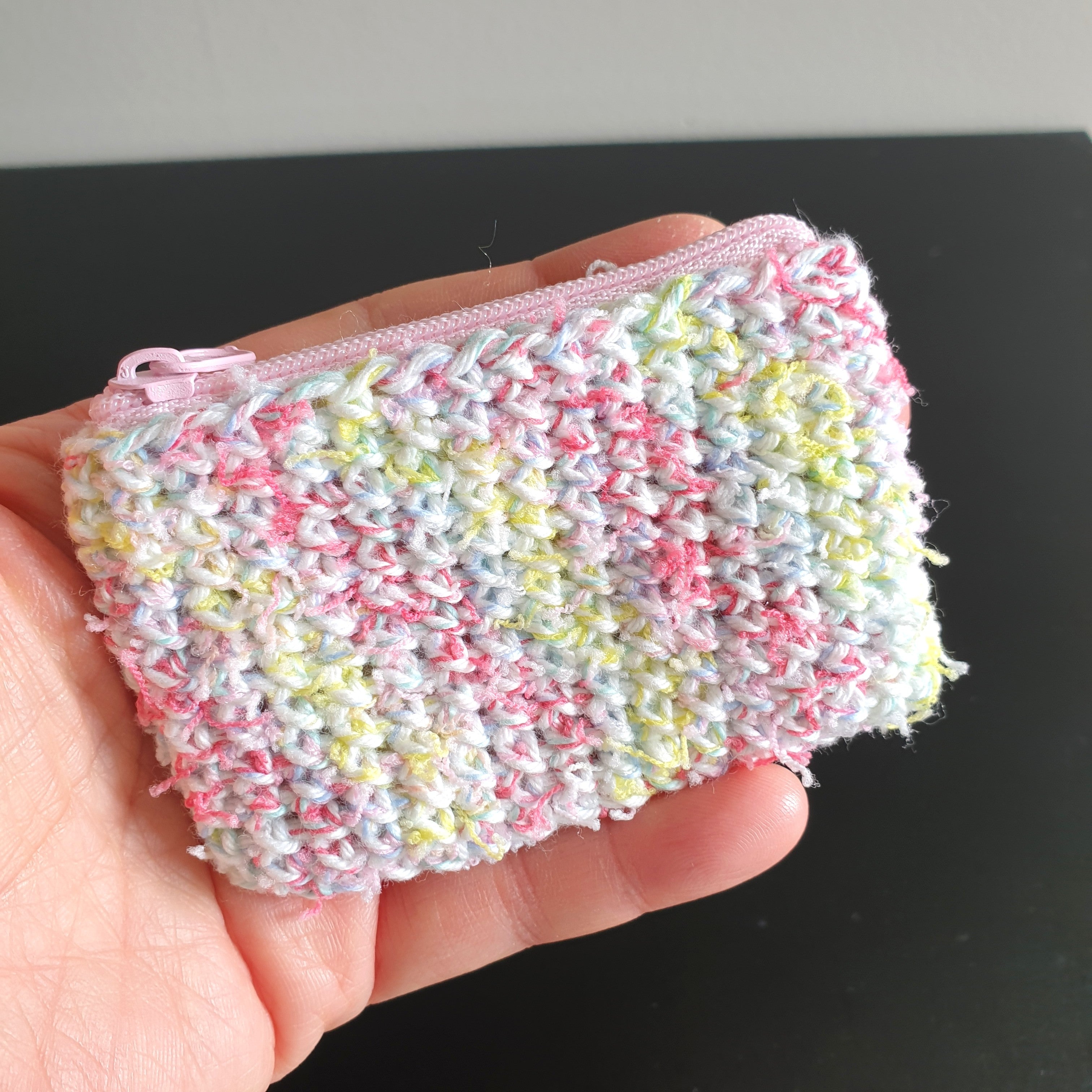Handmade Mini Colourful Zippered Crochet Coin Purse : Blue Green Pink Yellow Purple Orange White mix