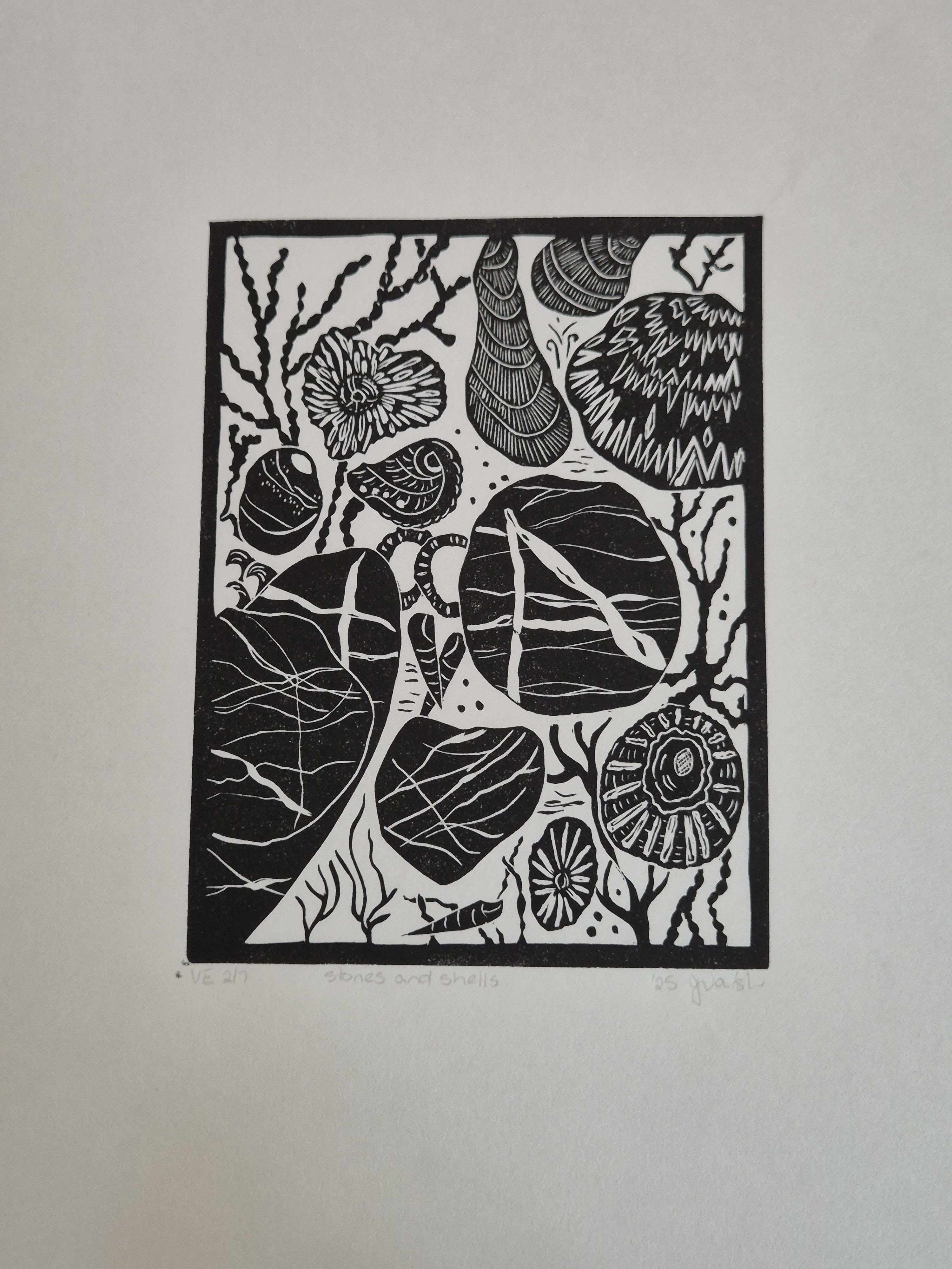 Original linocut art titled Shells and Stones