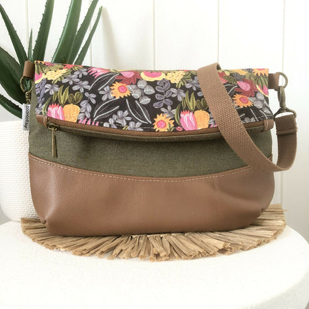 Fold Over Bag in Tan Leather, Green Canvas and King White Flower Fabric