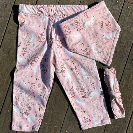 Baby Pants, Bib, Headband | Size 1 |Rabbits