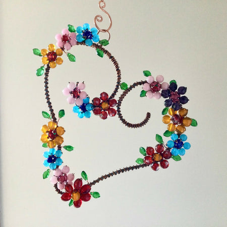 Heart-Glass-Beaded-Flowers/Window/Wall Art/Jewelled-Decor