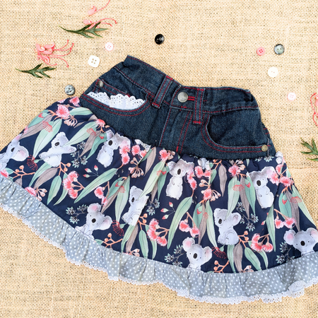 Size 3-4 Upcycled Denim Skirt Koalas, Navy and Red Gum flowers